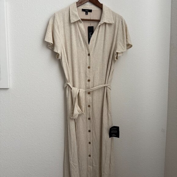 Lulus Italian Summer Beige Linen Midi Dress Size M NWT - Picture 2 of 6